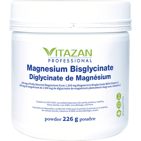 Magnesium Bisglycinate
(Powder · 200 mg of Fully Reacted Magnesium Bisglycinate With Vitamin C per Scoop)